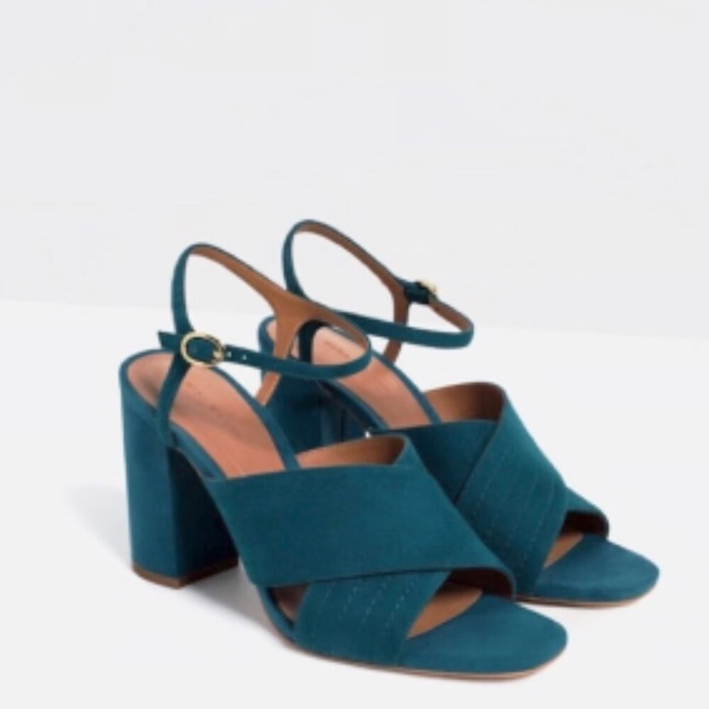 ZARA Crossover Suede Leather Sandal Heels Ankle Strap NWT